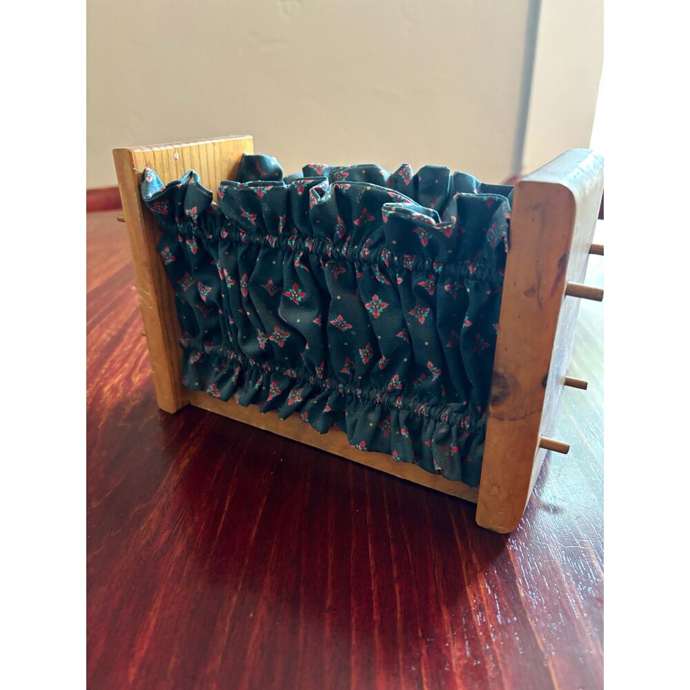 Freestanding Wood & Fabric Napkin Holder, Green Patterned Sides, Brown